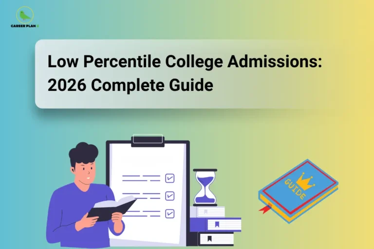 Career Plan B cover on low percentile college admissions 2026, with a student reading a checklist and a guidebook labeled "GUIDE."