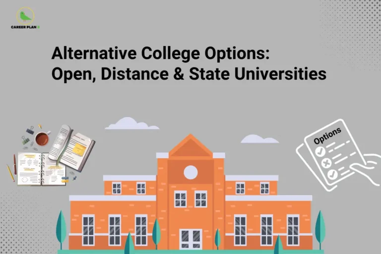 Career Plan B cover on alternative college options like open, distance, and state universities, with a college building.