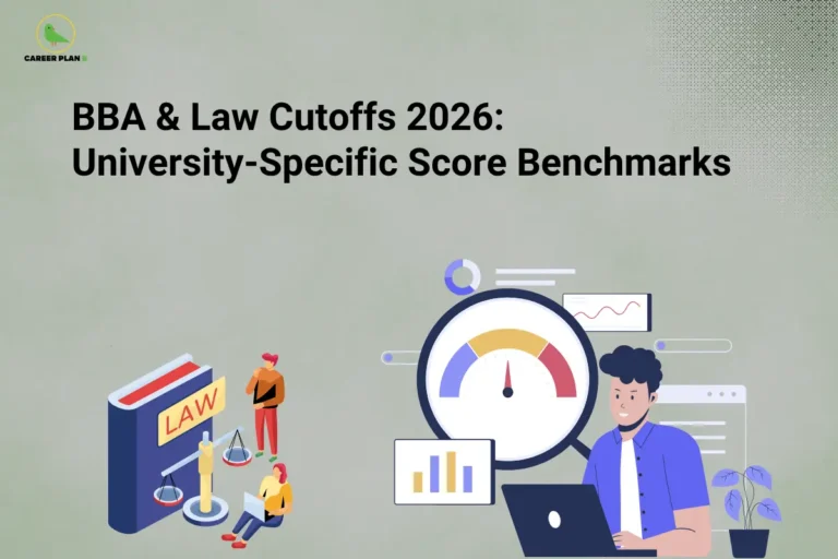 Career Plan B cover on BBA and Law cutoffs 2026, with a law book, justice scale, and score gauge meter.