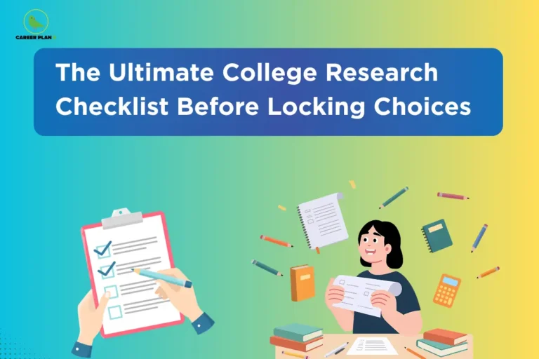 Career Plan B cover on the ultimate college research checklist, with a checklist and student holding notes.