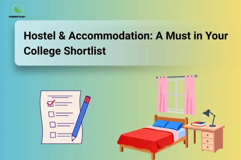 Career Plan B cover on hostel and accommodation for college shortlisting, with a checklist and a hostel room illustration.