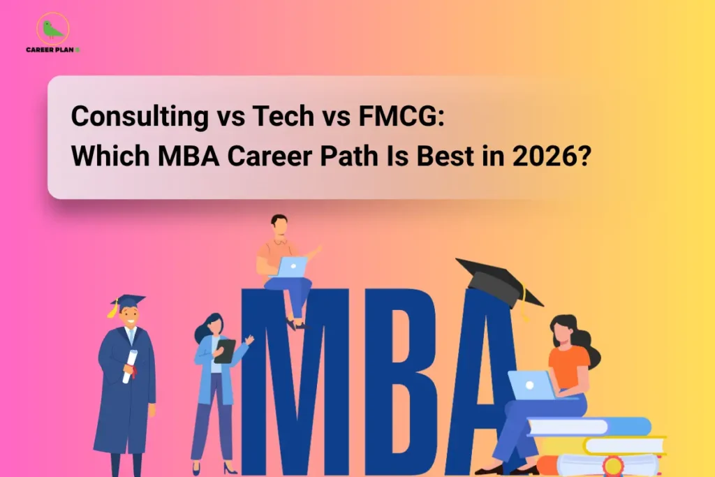 An infographic titled "Which MBA Career Path Is Best in 2026" featuring the Career Plan B logo. The graphic displays corporate professionals and graduates surrounding large blue letters spelling out "MBA" against a pink and yellow gradient background, illustrating various career trajectories.