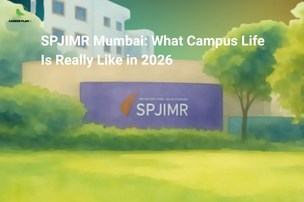 An infographic titled "SPJIMR Mumbai Campus Life" featuring the Career Plan B logo. The graphic displays a painted, soft-focus view of the SPJIMR campus entrance building with its official purple signage, surrounded by green lawns and trees.