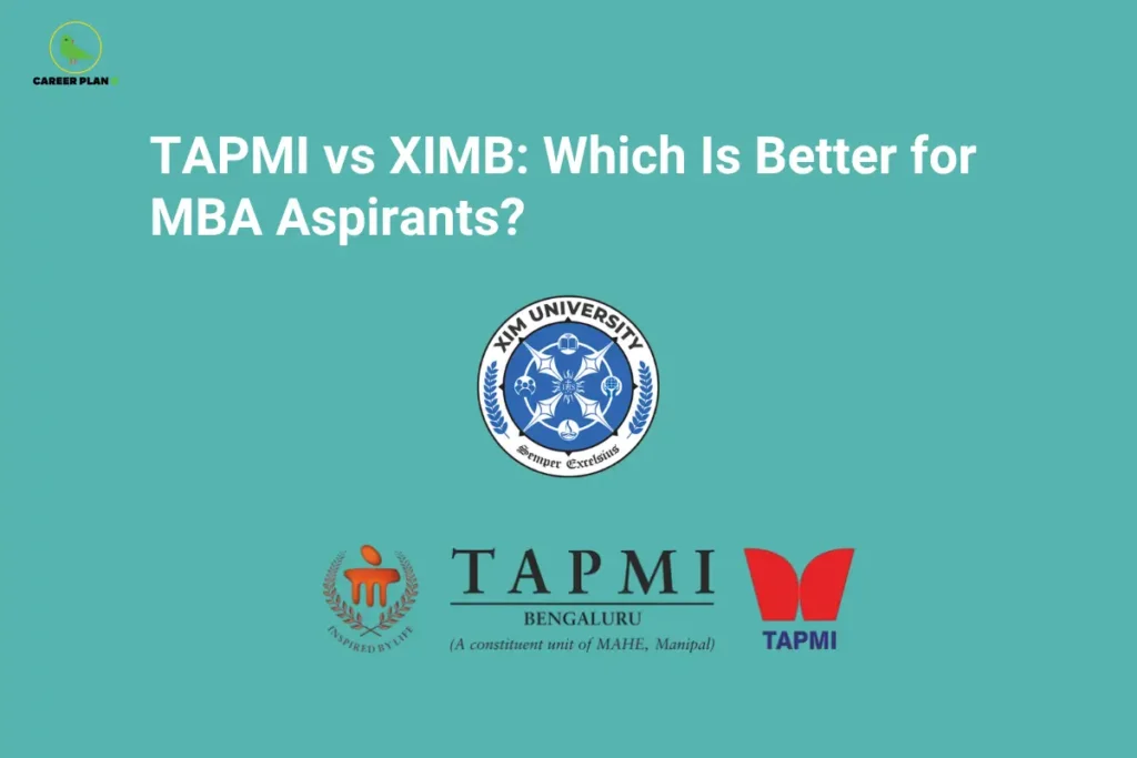 An infographic titled "TAPMI vs XIMB: Which Is Better for MBA Aspirants?" featuring the Career Plan B logo. The graphic displays the official circular emblem of XIM University in the center and the logos of TAPMI Bengaluru (a constituent unit of MAHE, Manipal) alongside the classic red TAPMI logo below it, all set against a solid teal background.