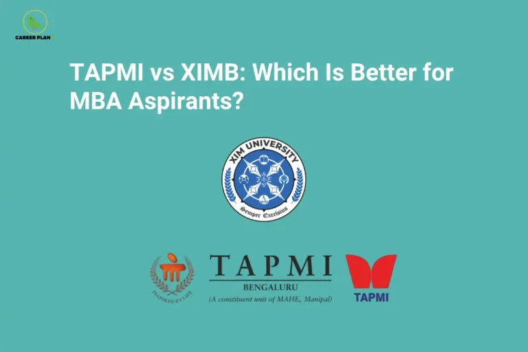 An infographic titled "TAPMI vs XIMB: Which Is Better for MBA Aspirants?" featuring the Career Plan B logo. The graphic displays the official circular emblem of XIM University in the center and the logos of TAPMI Bengaluru (a constituent unit of MAHE, Manipal) alongside the classic red TAPMI logo below it, all set against a solid teal background.