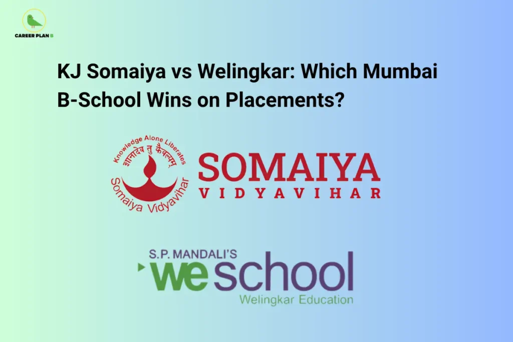 An infographic titled "KJ Somaiya vs Welingkar: Which Mumbai B-School Wins on Placements?" featuring the Career Plan B logo. The graphic displays the official red circular logo of Somaiya Vidyavihar on the upper center and the official green-and-purple logo of S.P. Mandali's WeSchool (Welingkar Education) below it, set against a light blue gradient background.