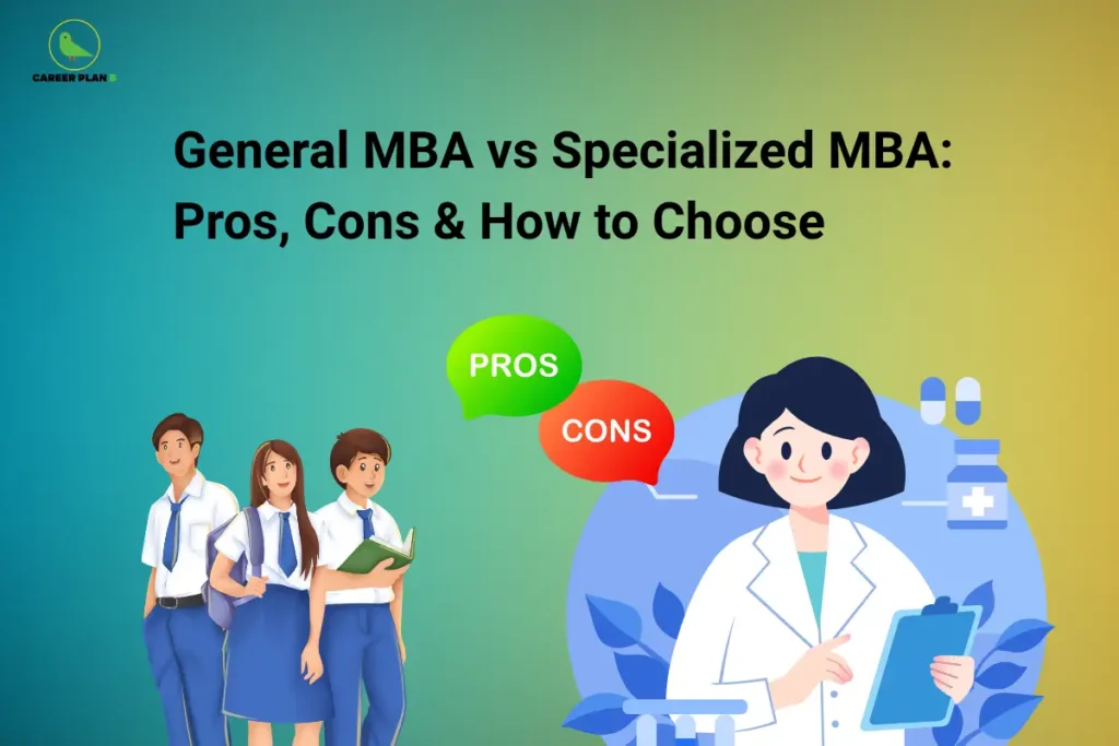 An infographic titled "General MBA vs Specialized MBA: Pros, Cons & How to Choose" featuring the Career Plan B logo. The graphic features three corporate or business students standing on the left, contrasted with a female medical professional holding a clipboard next to medication icons on the right, with green "PROS" and red "CONS" speech bubbles placed between them, all set against a teal and yellow gradient background.