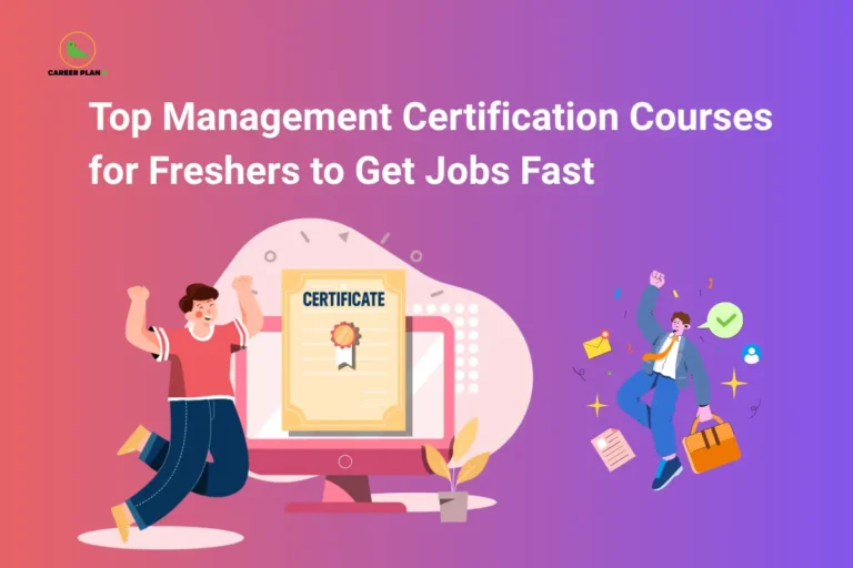 An infographic titled "Top Management Certification Courses for Freshers to Get Jobs Fast" featuring the Career Plan B logo. The graphic displays a young man jumping next to a large computer monitor displaying a gold star "CERTIFICATE" on the left, alongside an illustration of a professional jumping joyfully while holding a briefcase surrounded by success icons on the right, all set against a purple-to-pink gradient background.