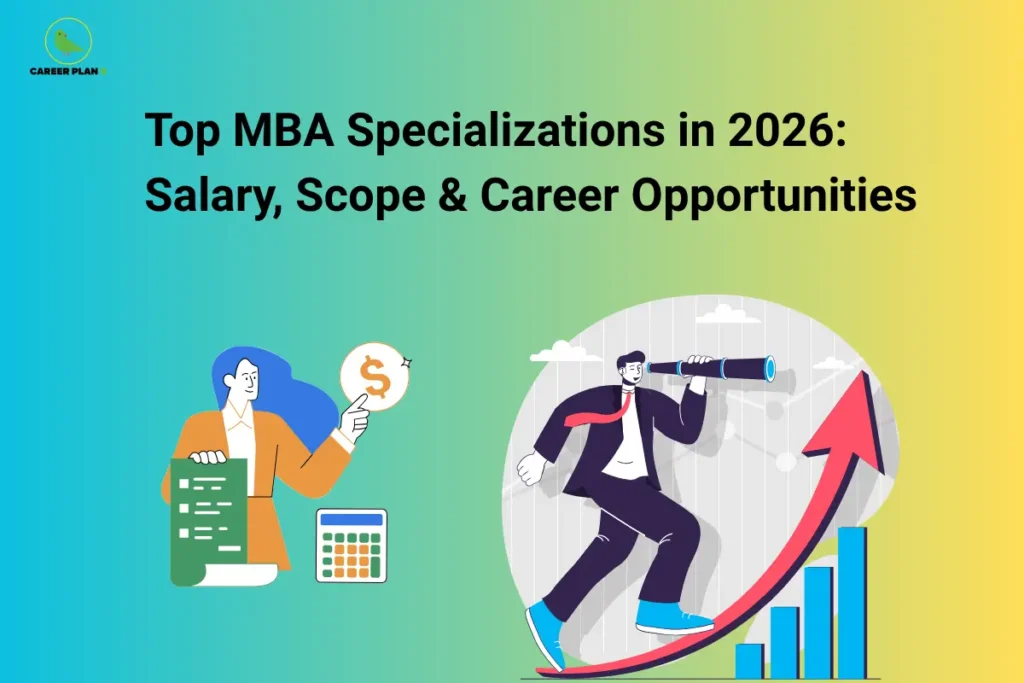 An infographic titled "Top MBA Specializations in 2026: Salary, Scope & Career Opportunities" featuring the Career Plan B logo. The graphic displays a female professional with a calculator holding a dollar sign coin on the left, next to a businessman looking through a spyglass while walking up a rising red arrow growth chart on the right, all set against a teal and yellow gradient background.