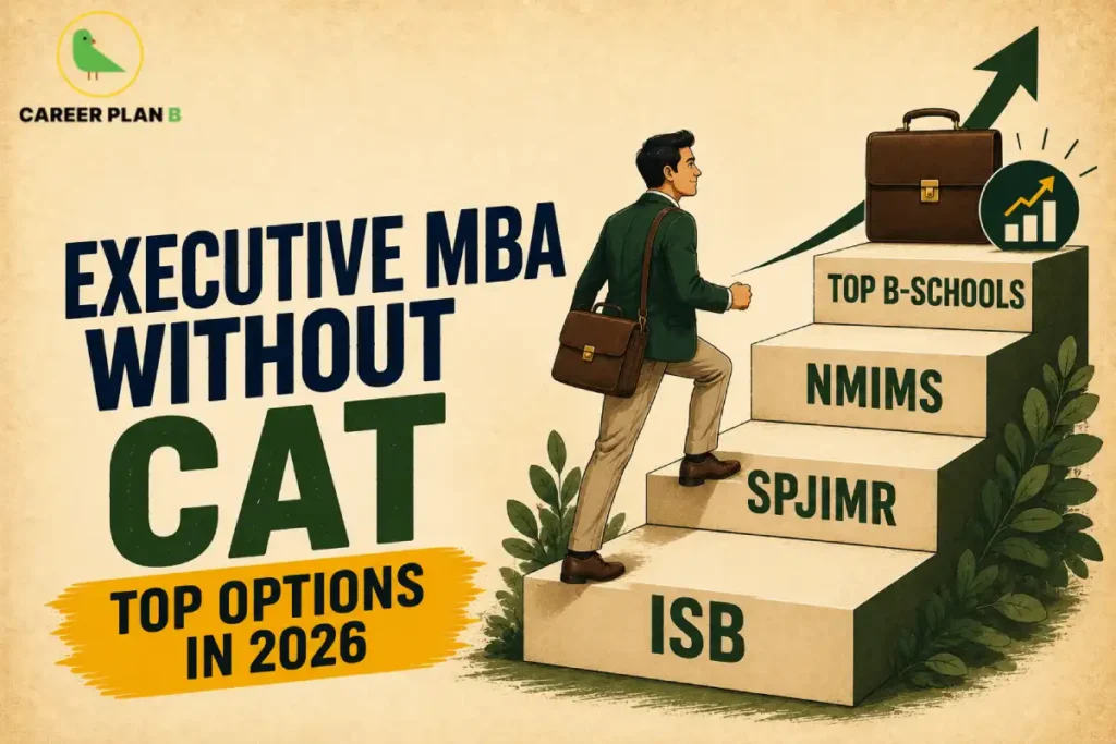 An educational graphic by Career Plan B titled "Executive MBA Without CAT: Top Options in 2026." The illustration shows a businessman walking up a stone staircase toward a briefcase and a rising growth arrow, with the steps labeled as top B-schools including ISB, SPJIMR, and NMIMS.