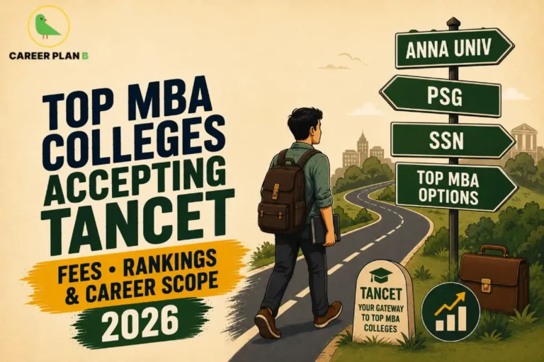 An educational guide graphic by Career Plan B titled "Top MBA Colleges Accepting TANCET: Fees, Rankings & Career Scope 2026." The illustration features a student with a backpack walking along a winding road toward a signpost indicating top options like Anna University, PSG, and SSN, with the Career Plan B logo featuring a green bird icon placed in the top left corner.