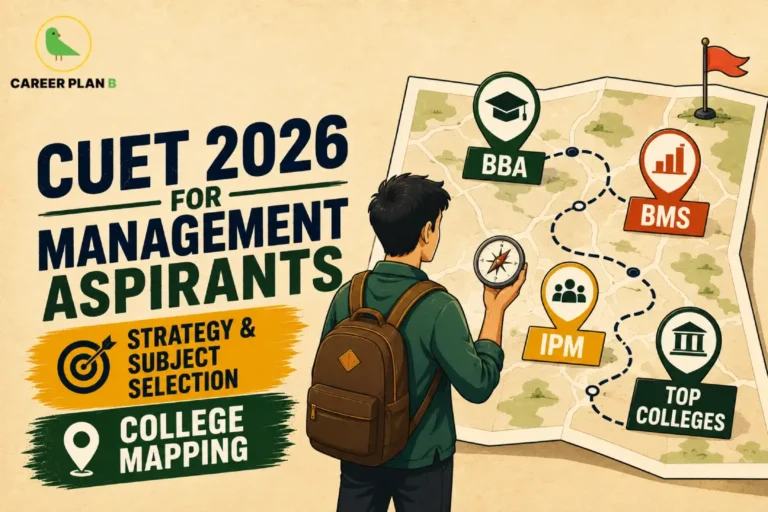 An educational planning graphic by Career Plan B titled "CUET 2026 for Management Aspirants," detailing strategy, subject selection, and college mapping. The illustration depicts a student wearing a backpack holding a compass, looking at a roadmap marked with location pins for BBA, BMS, IPM, and top colleges, with the green bird icon of the Career Plan B logo placed in the upper left corner.