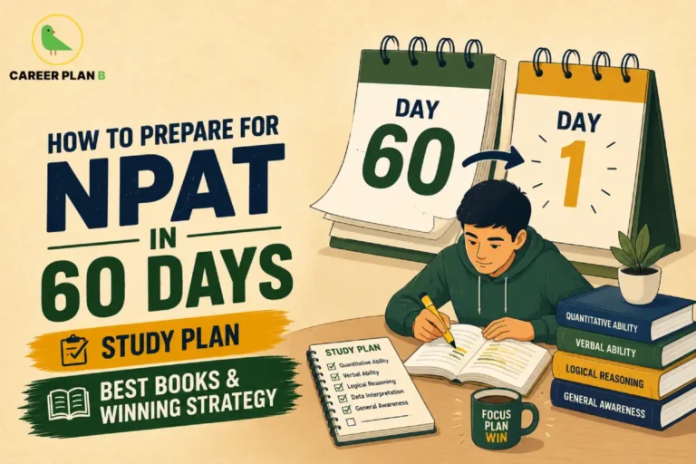 A prep guide graphic by Career Plan B titled "How to Prepare for NPAT in 60 Days: Study Plan, Best Books & Winning Strategy." The illustration features a student studying with a highlighter at a desk containing a checklist, a coffee mug, and a stack of books labeled Quantitative Ability, Verbal Ability, Logical Reasoning, and General Awareness, sitting beneath calendars counting down from Day 60 to Day 1, with the green bird icon of the Career Plan B logo featured in the top left corner.