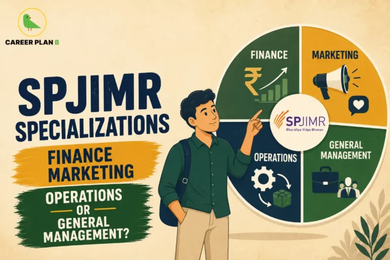 An educational graphic by Career Plan B titled "SPJIMR Specializations: Finance, Marketing, Operations or General Management?" The illustration features a student pointing toward a circular chart displaying management fields with dedicated icons for Finance, Marketing, General Management, and Operations surrounding the central SPJIMR logo, with the Career Plan B green bird logo positioned in the upper left corner.
