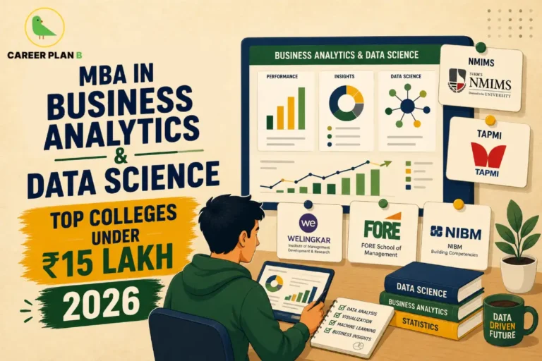 An educational guide graphic by Career Plan B titled "MBA in Business Analytics & Data Science: Top Colleges Under ₹15 Lakh 2026." The illustration features a student working on a tablet at a desk with a laptop screen displaying performance metrics and analytics insights. The graphic showcases prominent business school logos like NMIMS, TAPMI, Welingkar, FORE School of Management, and NIBM alongside a stack of textbooks on Data Science, Business Analytics, and Statistics, with the green bird icon of the Career Plan B logo placed in the top left corner.