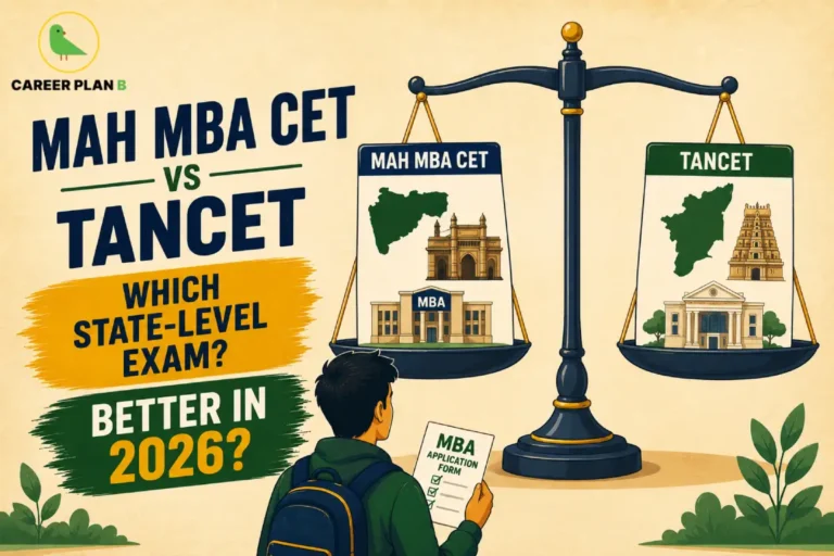 A state-level exam comparison graphic by Career Plan B titled "MAH MBA CET vs TANCET: Which State-Level Exam Better in 2026?" The illustration depicts a student holding an MBA application form looking at a classic balance scale, weighing MAH MBA CET featuring a map outline of Maharashtra and the Gateway of India against TANCET featuring a map outline of Tamil Nadu and a traditional temple tower, with the green bird icon of the Career Plan B logo placed in the top left corner.