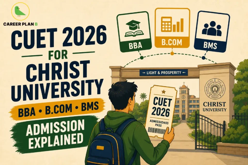 An admission guide graphic by Career Plan B titled "CUET 2026 for Christ University: BBA, B.Com, BMS Admission Explained." The illustration features a student with a backpack holding a "CUET 2026 Admissions Pass" while walking toward the main entrance gate of Christ University, which displays the text "Light & Prosperity." Above the gate, three distinct program badges with icons are shown for BBA, B.Com, and BMS, with the green bird icon of the Career Plan B logo located in the top left corner.