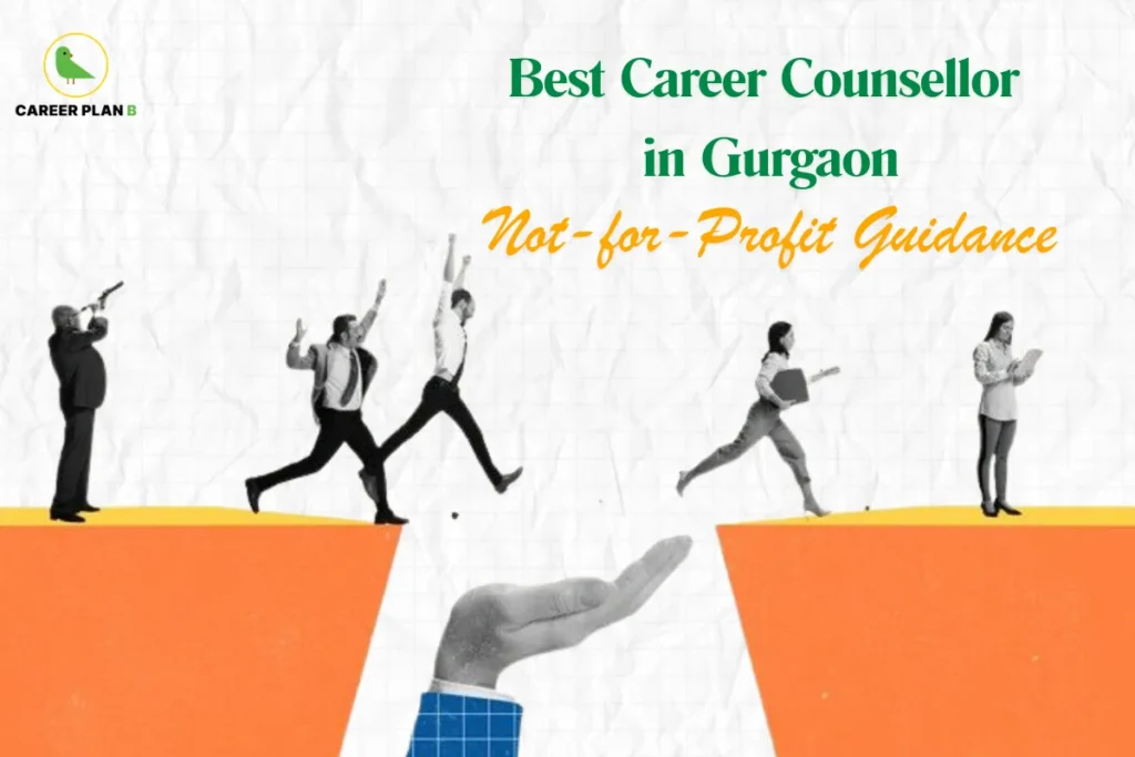 Infographic titled "Best Career Counsellor in Gurgaon" with the subtitle "Not-for-Profit Guidance" and featuring the Career Plan B logo. The graphic displays a collage of black-and-white figures of professionals leaping across a physical gap between two orange cliffs, with a large hand extending upward from the center to act as a bridging support, all set against a textured, light-grey grid paper background.