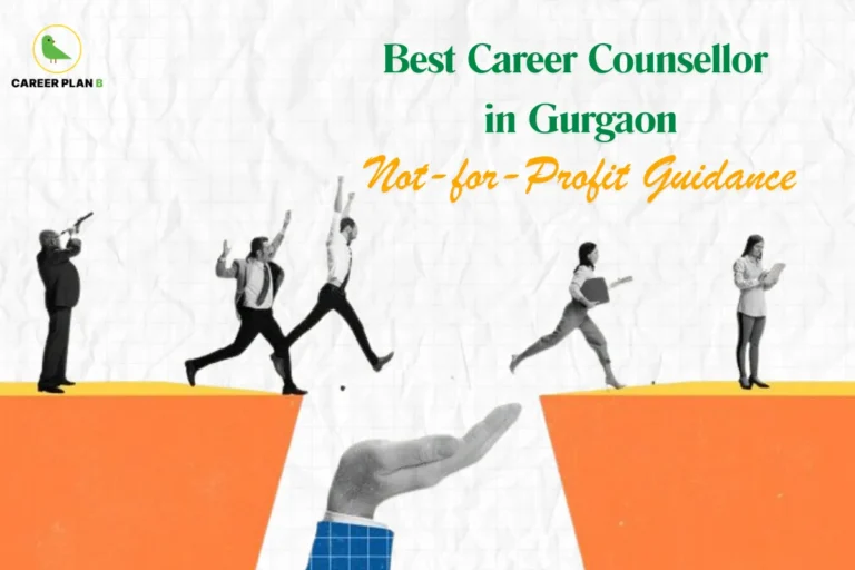 Infographic titled "Best Career Counsellor in Gurgaon" with the subtitle "Not-for-Profit Guidance" and featuring the Career Plan B logo. The graphic displays a collage of black-and-white figures of professionals leaping across a physical gap between two orange cliffs, with a large hand extending upward from the center to act as a bridging support, all set against a textured, light-grey grid paper background.