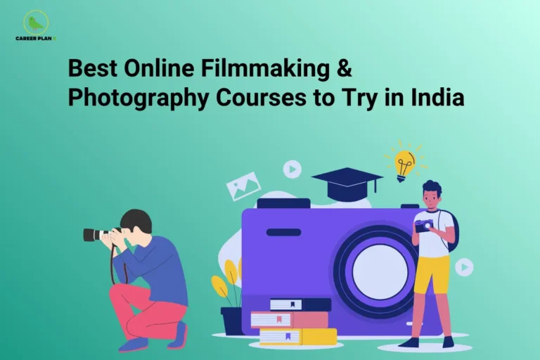 Banner text highlighting best online filmmaking and photography courses to try in India, with photographers shooting around a large camera and study books.