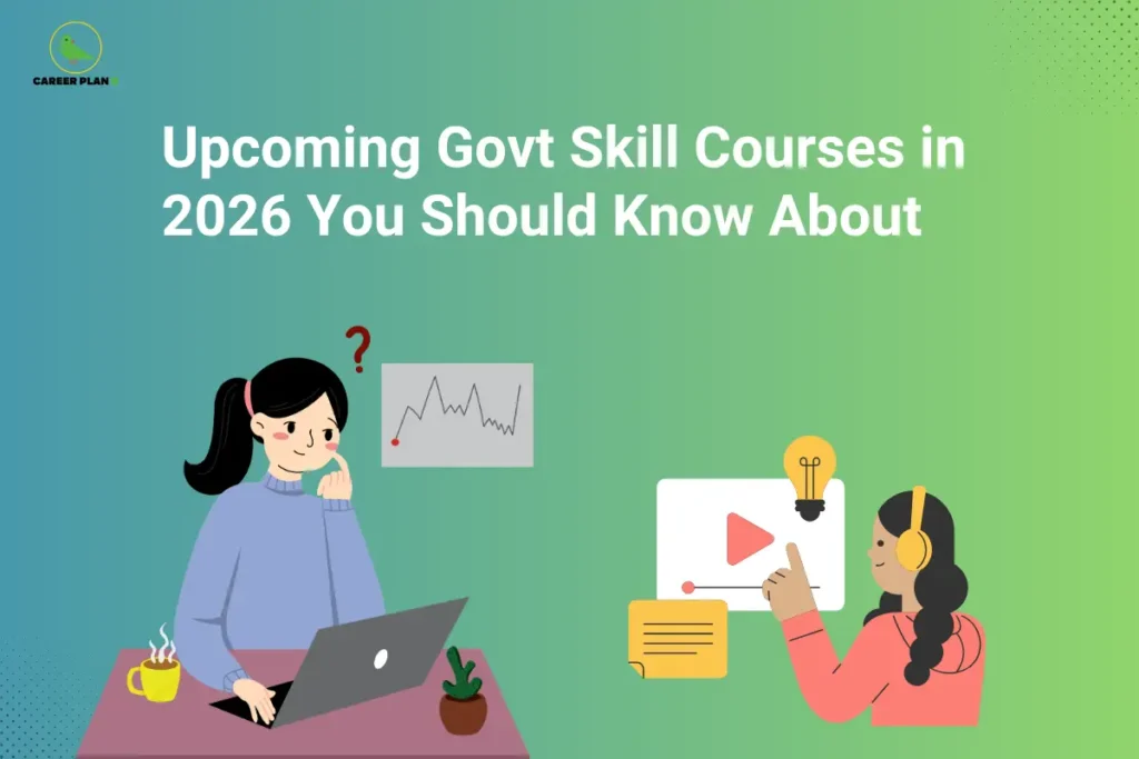 Banner text highlighting upcoming government skill courses in 2026 you should know about, with students learning via online video and researching on a laptop.