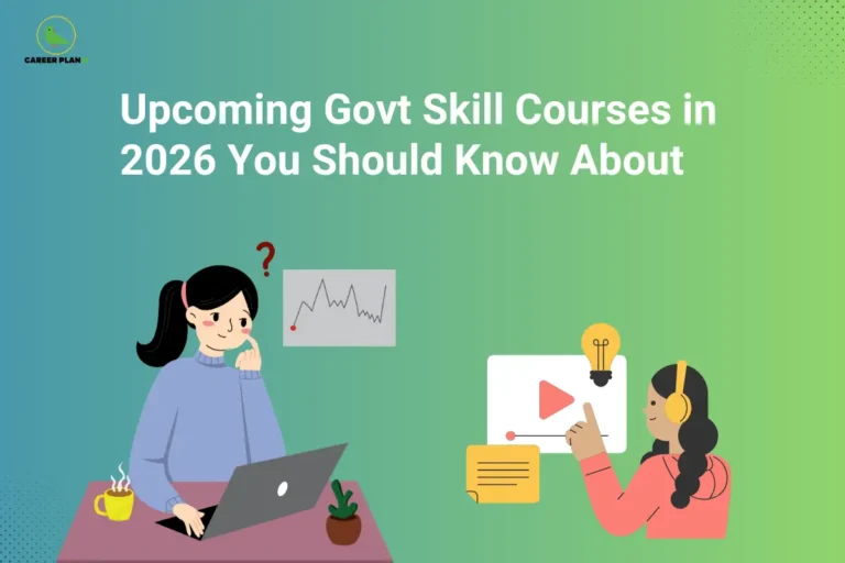 Banner text highlighting upcoming government skill courses in 2026 you should know about, with students learning via online video and researching on a laptop.