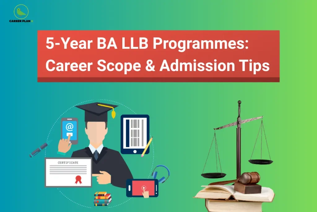 Banner text detailing 5-year BA LLB programmes career scope and admission tips, alongside a law graduate surrounded by digital learning icons, a scale of justice, and legal books.