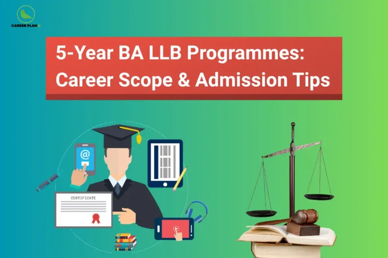 Banner text detailing 5-year BA LLB programmes career scope and admission tips, alongside a law graduate surrounded by digital learning icons, a scale of justice, and legal books.
