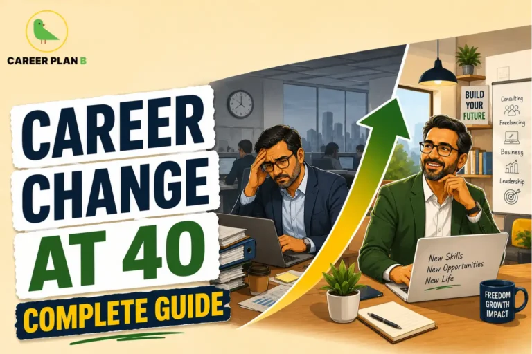 An infographic titled "CAREER CHANGE AT 40: COMPLETE GUIDE" with the Career Plan B logo. The graphic features a side-by-side contrast of the same middle-aged professional: on the left, looking stressed at a chaotic corporate office desk, and on the right, looking happy and confident in a bright workspace with text on his laptop reading "New Skills, New Opportunities, New Life".