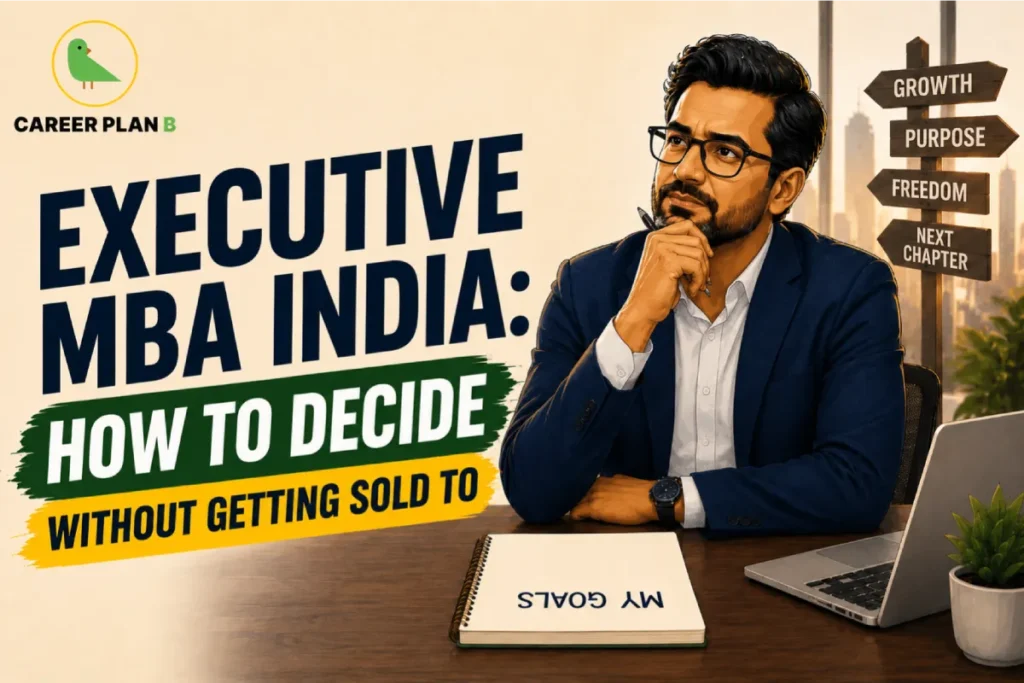 An infographic titled "EXECUTIVE MBA INDIA: HOW TO DECIDE WITHOUT GETTING SOLD TO" featuring the Career Plan B logo. The graphic shows a thoughtful professional man sitting at a desk with a laptop and a notebook labeled "MY GOALS", looking toward a directional signpost with arrows pointing to "GROWTH", "PURPOSE", "FREEDOM", and "NEXT CHAPTER".