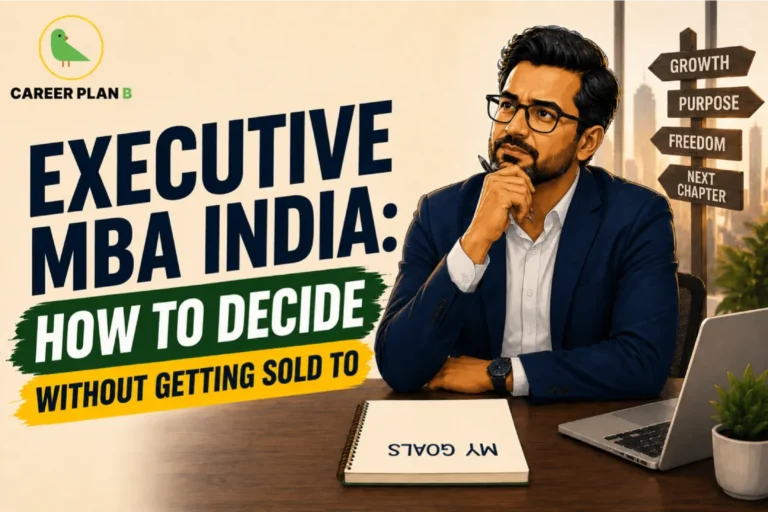 An infographic titled "EXECUTIVE MBA INDIA: HOW TO DECIDE WITHOUT GETTING SOLD TO" featuring the Career Plan B logo. The graphic shows a thoughtful professional man sitting at a desk with a laptop and a notebook labeled "MY GOALS", looking toward a directional signpost with arrows pointing to "GROWTH", "PURPOSE", "FREEDOM", and "NEXT CHAPTER".
