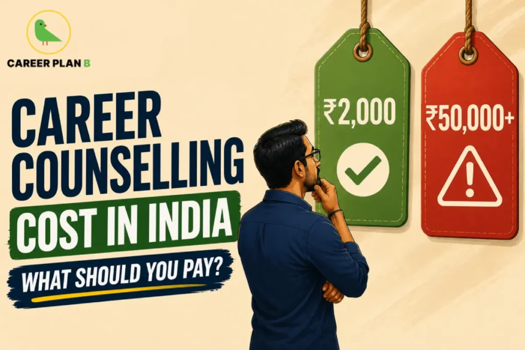 An infographic titled "CAREER COUNSELLING COST IN INDIA: WHAT SHOULD YOU PAY?" featuring the Career Plan B logo. The graphic shows a man from behind, looking thoughtfully at two hanging price tags: a green one showing "₹2,000" with a checkmark, and a red one showing "₹5,0000+" with a warning symbol.