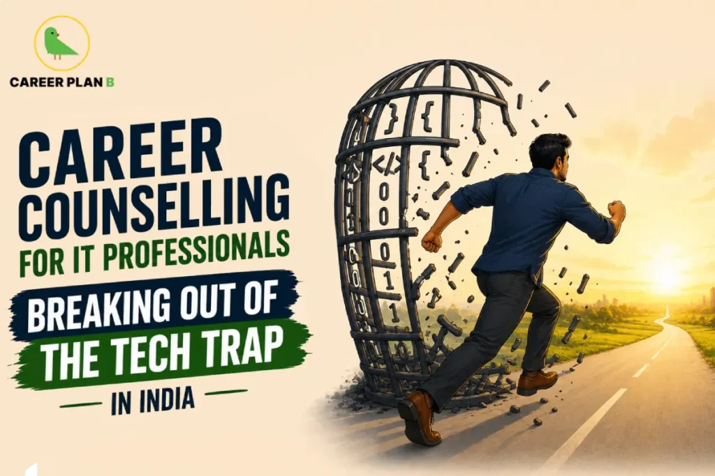 An infographic titled "CAREER COUNSELLING FOR IT PROFESSIONALS: BREAKING OUT OF THE TECH TRAP — IN INDIA —" with the Career Plan B logo. The graphic illustrates a man breaking out of a spherical cage constructed from coding symbols and binary digits, stepping forward onto a long, open road toward a rising sun.