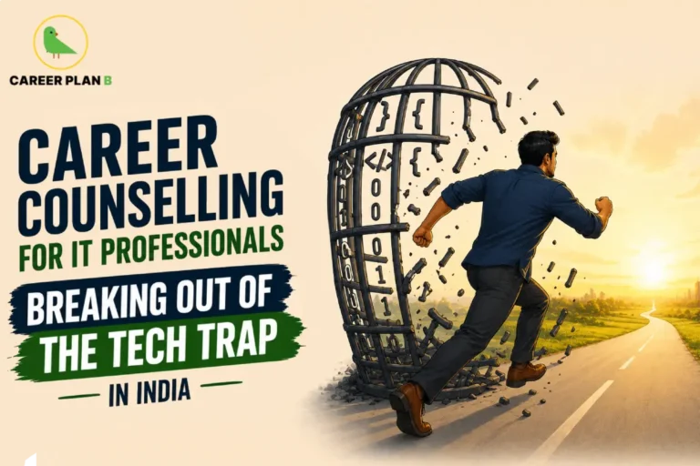 An infographic titled "CAREER COUNSELLING FOR IT PROFESSIONALS: BREAKING OUT OF THE TECH TRAP — IN INDIA —" with the Career Plan B logo. The graphic illustrates a man breaking out of a spherical cage constructed from coding symbols and binary digits, stepping forward onto a long, open road toward a rising sun.