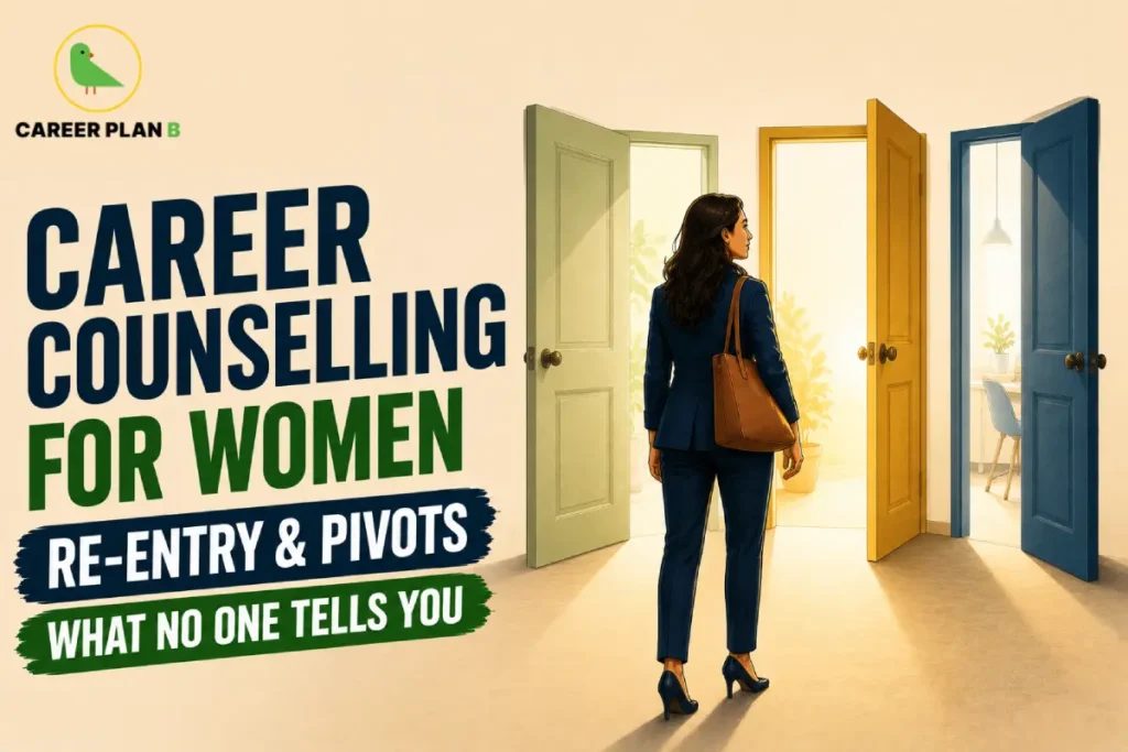 An infographic titled "CAREER COUNSELLING FOR WOMEN: RE-ENTRY & PIVOTS — WHAT NO ONE TELLS YOU" with the Career Plan B logo. The graphic illustrates a professional woman from behind carrying a shoulder bag, standing before three open, colored doors that lead to different bright paths and workspaces.