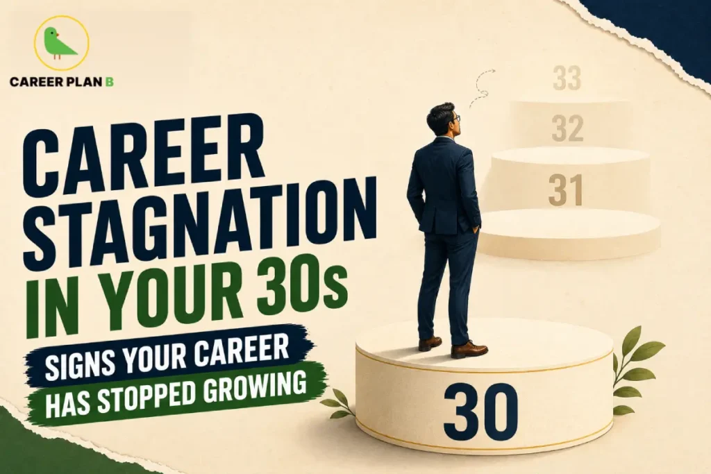 An infographic titled "CAREER STAGNATION IN YOUR 30s: SIGNS YOUR CAREER HAS STOPPED GROWING" featuring the Career Plan B logo. The graphic illustrates a professional man standing on a platform labeled "30", looking upward toward a flight of steps marked "31", "32", and "33".