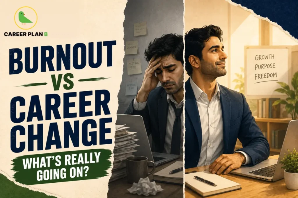 An infographic titled "BURNOUT VS CAREER CHANGE: WHAT'S REALLY GOING ON?" featuring the Career Plan B logo. The graphic showcases a split illustration of the same professional: on the left, he looks exhausted and stressed amidst stacked files and a messy desk, while on the right, he appears calm and focused at a bright, organized workspace with a whiteboard reading "GROWTH, PURPOSE, FREEDOM".