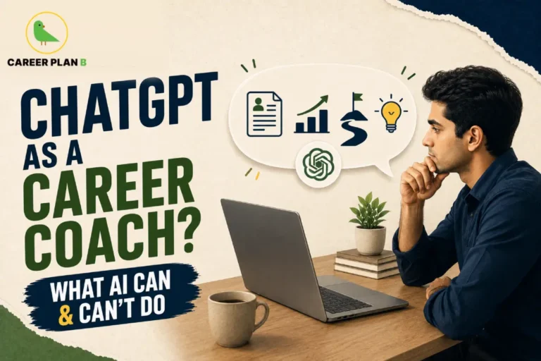 An infographic titled "CHATGPT AS A CAREER COACH? WHAT AI CAN & CAN'T DO" featuring the Career Plan B logo. The graphic shows a thoughtful man sitting at a desk with a laptop, looking at a thought bubble containing icons for a resume, growth chart, winding career path, lightbulb, and the OpenAI ChatGPT logo.