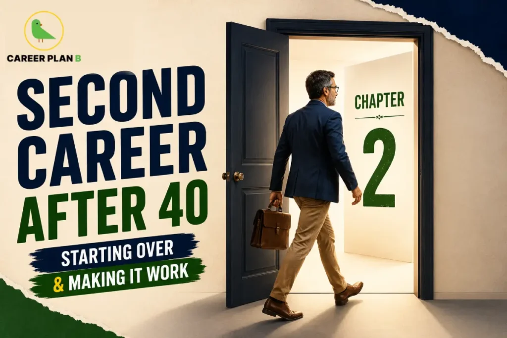 An infographic titled "SECOND CAREER AFTER 40: STARTING OVER & MAKING IT WORK" featuring the Career Plan B logo. The graphic depicts a professional man carrying a briefcase, seen from behind as he walks through a dark blue open door into a bright space marked "CHAPTER 2".