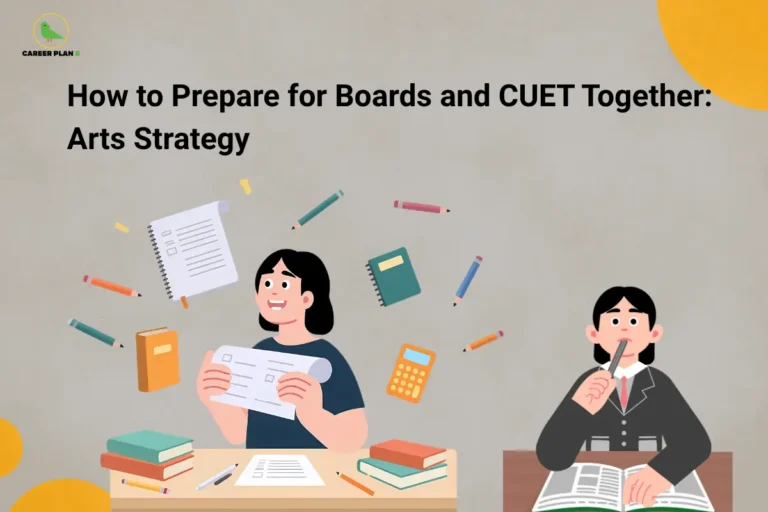 The Career Plan B logo is displayed in the top-left corner. The headline reads "How to Prepare for Boards and CUET Together: Arts Strategy" in large bold black text against a light grey background with orange corner accents. On the left, a student sits at a desk holding study notes, surrounded by notebooks, books, pencils, and a calculator, symbolizing organized preparation and revision. On the right, another student in a school uniform is shown thinking while studying from an open book, representing exam planning and decision-making. The illustration highlights a study strategy for Arts students preparing simultaneously for Board exams and CUET, focusing on balancing school syllabus, effective time management, subject-wise revision, mock tests, and smart preparation techniques to maximize performance in both examinations.