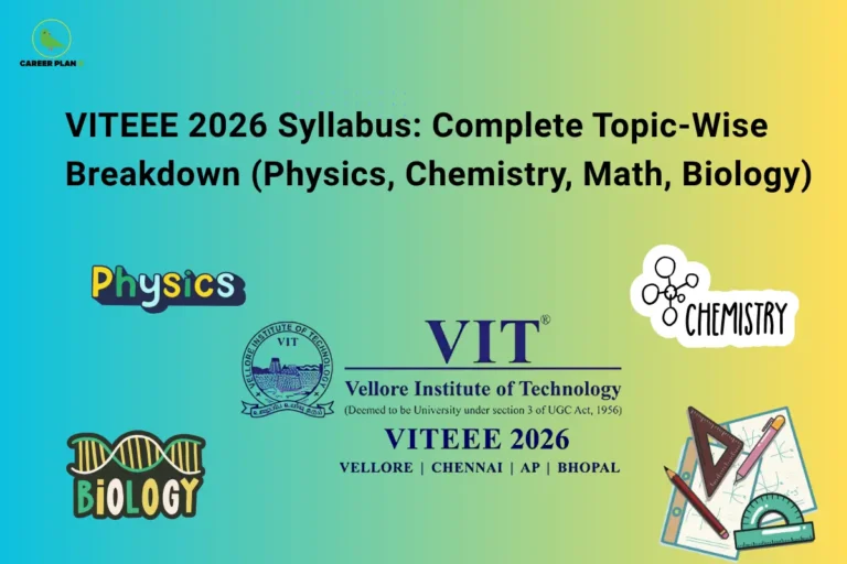 An infographic titled "VITEEE 2026 Syllabus: Complete Topic-Wise Breakdown (Physics, Chemistry, Math, Biology)" featuring the Career Plan B logo. The graphic displays the official logo and seal of VIT (Vellore Institute of Technology) in the center with "VITEEE 2026 VELLORE | CHENNAI | AP | BHOPAL" underneath. It features illustrative labels for "Physics" and "BIOLOGY" on the left, and "CHEMISTRY" alongside an illustration of geometry/math tools on the right, all set against a teal and yellow gradient background.
