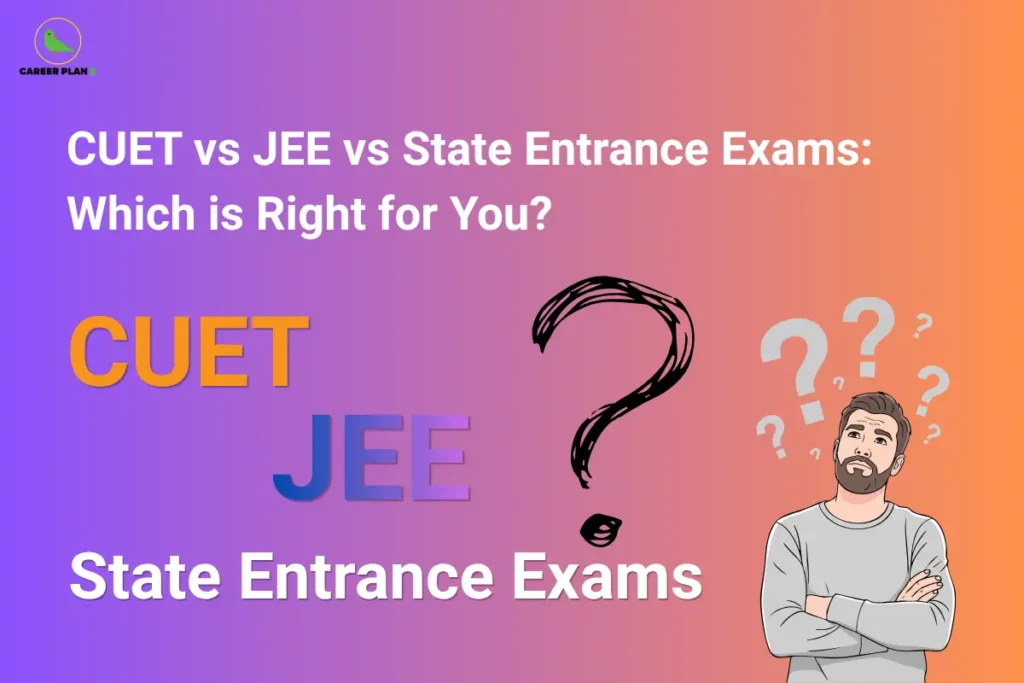An infographic titled "CUET vs JEE vs State Entrance Exams: Which is Right for You?" helping students evaluate cuet vs jee vs state entrance exams, featuring an illustration of a confused man looking up at floating question marks on the right and a large drawn question mark in the center, set against a purple-to-orange gradient background.