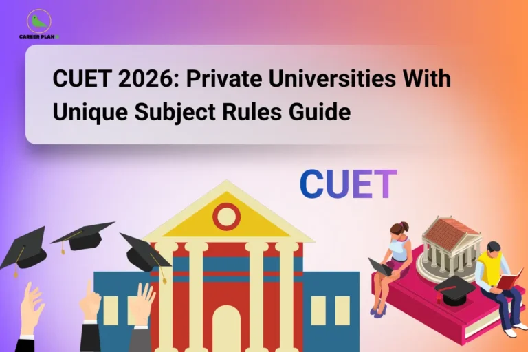 The Career Plan B logo, featuring a green bird inside a yellow circle, appears in the top-left corner. The image headline reads "CUET 2026: Private Universities With Unique Subject Rules Guide" in large, bold black text inside a white rounded rectangle over a purple-to-orange gradient background. Below the title, a large university building with classical pillars represents higher education institutions, while graduation caps being tossed into the air symbolize academic achievement and admissions. To the right, the CUET logo appears above an illustration of two students studying on oversized books beside a university building and a graduation cap, highlighting private university admissions. The overall design promotes a guide explaining the unique subject eligibility requirements and admission rules followed by private universities that accept CUET 2026 scores, helping students make informed application decisions.