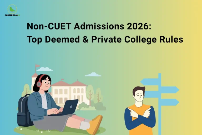 The Career Plan B logo, featuring a green bird inside a yellow circle, appears in the top-left corner. The image headline reads "Non-CUET Admissions 2026: Top Deemed & Private College Rules" in large, bold black text on a blue-to-green gradient background. On the left, a student wearing headphones sits outdoors with a backpack, using a laptop in front of a university campus, representing online research and college applications. On the right, an illustration of a student stands beside a multi-directional signpost, symbolizing the different admission pathways and choices available outside CUET. The overall design promotes a guide explaining admission rules, eligibility criteria, and application processes for top deemed and private colleges that offer undergraduate admissions without requiring CUET 2026 scores, helping students explore alternative higher education options.