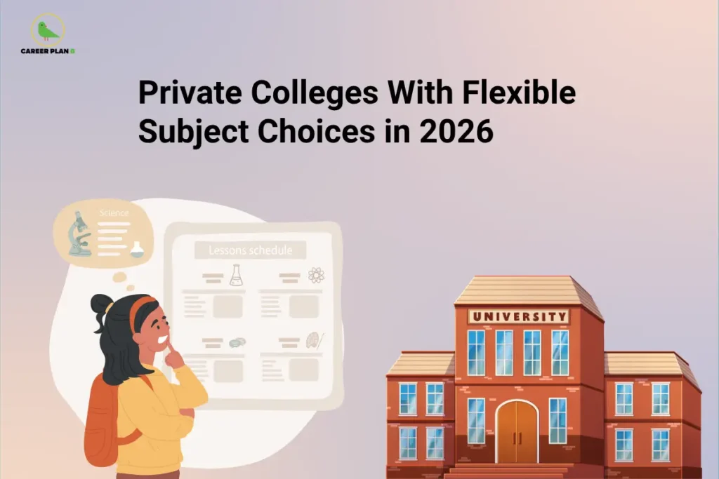 The Career Plan B logo, featuring a green bird inside a yellow circle, appears in the top-left corner. The image headline reads "Private Colleges With Flexible Subject Choices in 2026" in large, bold black text on a light grey-to-peach gradient background. On the left, an illustration of a student with a backpack thoughtfully reviews a lesson schedule, while a thought bubble containing science-related icons represents choosing academic subjects based on personal interests. On the right, a university building symbolizes private higher education institutions offering diverse academic programs. The overall design promotes a guide to private colleges that provide flexible subject eligibility and course selection options in 2026, helping students understand institutions with less restrictive admission requirements and greater academic flexibility.