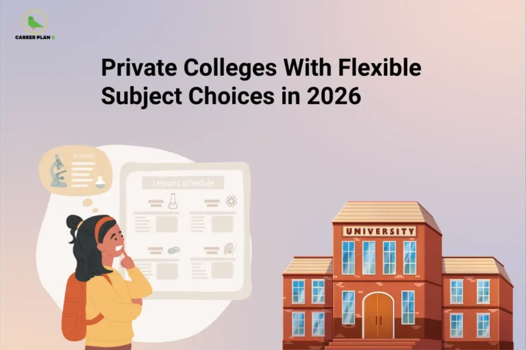The Career Plan B logo, featuring a green bird inside a yellow circle, appears in the top-left corner. The image headline reads "Private Colleges With Flexible Subject Choices in 2026" in large, bold black text on a light grey-to-peach gradient background. On the left, an illustration of a student with a backpack thoughtfully reviews a lesson schedule, while a thought bubble containing science-related icons represents choosing academic subjects based on personal interests. On the right, a university building symbolizes private higher education institutions offering diverse academic programs. The overall design promotes a guide to private colleges that provide flexible subject eligibility and course selection options in 2026, helping students understand institutions with less restrictive admission requirements and greater academic flexibility.