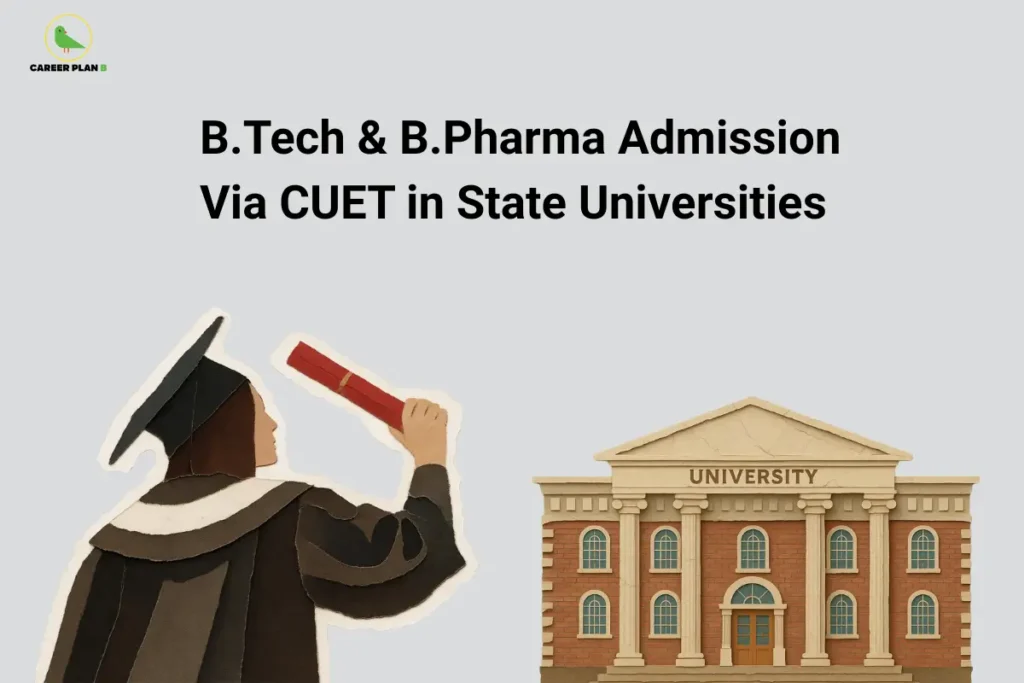 The Career Plan B logo, featuring a green bird inside a yellow circle, appears in the top-left corner. The image headline reads "B.Tech & B.Pharma Admission Via CUET in State Universities" in large, bold black text on a light grey background. On the left, an illustration of a graduate wearing a cap and gown holds up a diploma, symbolizing successful completion of higher education and the aspiration to pursue professional degree programs. On the right, a classical university building labeled "UNIVERSITY" represents state universities participating in the admission process. The overall design promotes a guide explaining how students can secure admission to B.Tech and B.Pharma programs through CUET at state universities, covering eligibility requirements, admission procedures, participating institutions, and important application details.