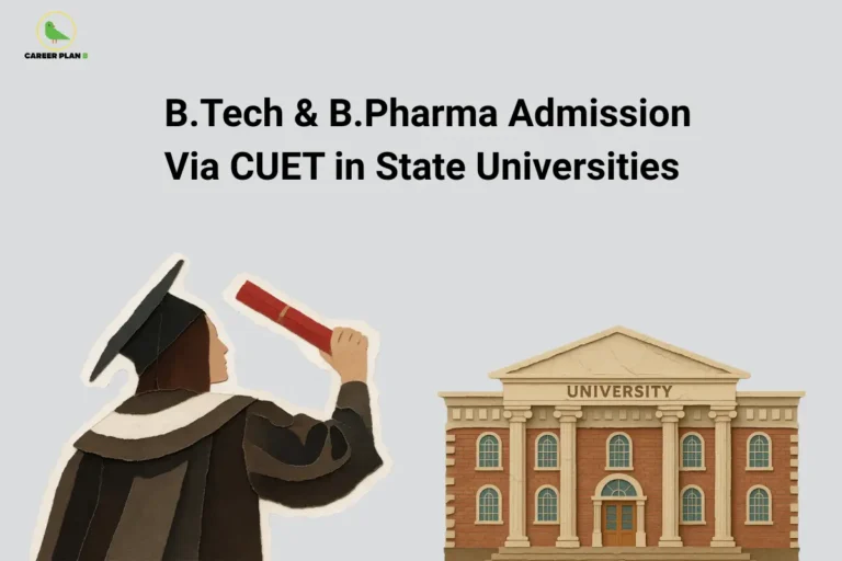 The Career Plan B logo, featuring a green bird inside a yellow circle, appears in the top-left corner. The image headline reads "B.Tech & B.Pharma Admission Via CUET in State Universities" in large, bold black text on a light grey background. On the left, an illustration of a graduate wearing a cap and gown holds up a diploma, symbolizing successful completion of higher education and the aspiration to pursue professional degree programs. On the right, a classical university building labeled "UNIVERSITY" represents state universities participating in the admission process. The overall design promotes a guide explaining how students can secure admission to B.Tech and B.Pharma programs through CUET at state universities, covering eligibility requirements, admission procedures, participating institutions, and important application details.