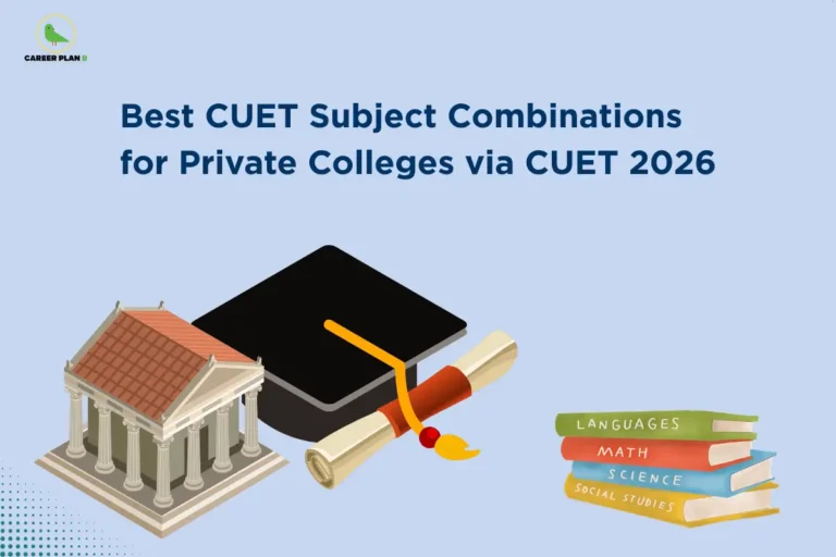 The Career Plan B logo, featuring a green bird inside a yellow circle, is positioned in the top-left corner. The image headline reads "Best CUET Subject Combinations for Private Colleges via CUET 2026" in large, bold dark blue text against a light blue background. Below the title, a classical university building on the left represents private higher education institutions, while a graduation cap placed over a rolled diploma in the center symbolizes successful admission through CUET. On the right, a stack of books labeled Languages, Math, Science, and Social Studies highlights the importance of selecting the right subject combinations for different undergraduate programs. The overall design promotes a guide explaining the most effective CUET subject combinations for securing admission to private colleges in 2026, helping students choose subjects that align with university eligibility criteria and their desired courses.