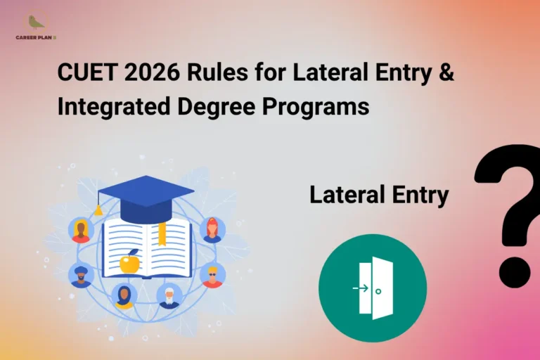 The Career Plan B logo appears in the top-left corner of the image. The headline reads "CUET 2026 Rules for Lateral Entry & Integrated Degree Programs" in large, bold black text on a soft peach-to-pink gradient background. Below the title, an illustration of an open book with a graduation cap, surrounded by diverse student icons, represents higher education pathways and academic progression. On the right, the words "Lateral Entry" appear above a door icon with an arrow pointing inward, symbolizing direct entry into an advanced year of a degree program. A large black question mark on the far right emphasizes uncertainty around eligibility and admission rules. The overall design highlights a guide explaining the CUET 2026 eligibility rules, admission process, and key considerations for students interested in lateral entry admissions and integrated degree programs.